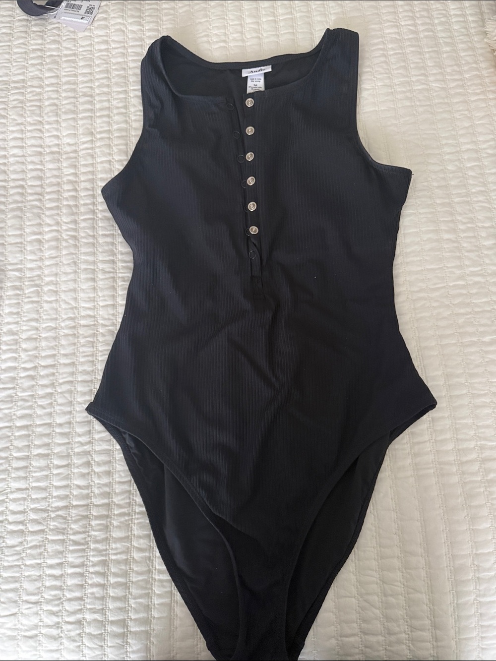 Andie Black Ribbed One-Piece Swimsuit with Button Front